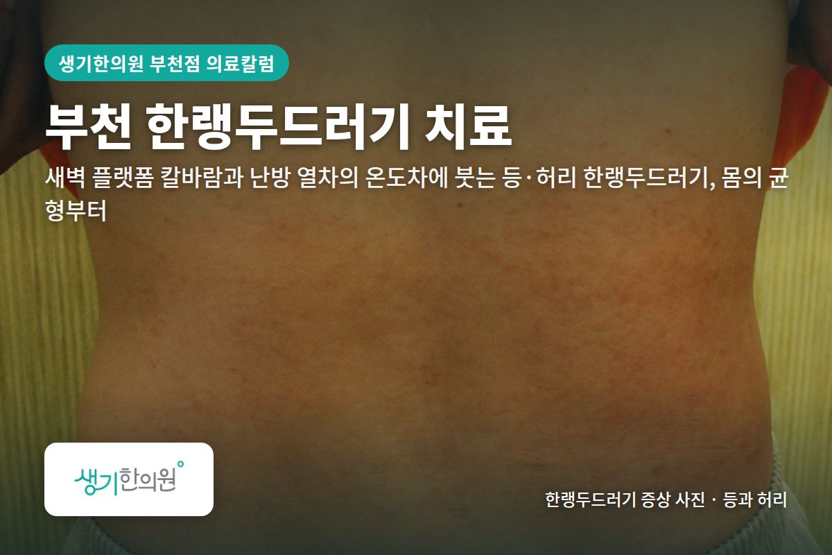 등과 허리 한랭두드러기 증상 사진과 문구 「부천 한랭두드러기 치료, 새벽 플랫폼 칼바람과 난방 열차의 온도차에 붓는 등·허리 한랭두드러기, 몸의 균형부터 · 생기한의원 부천점」